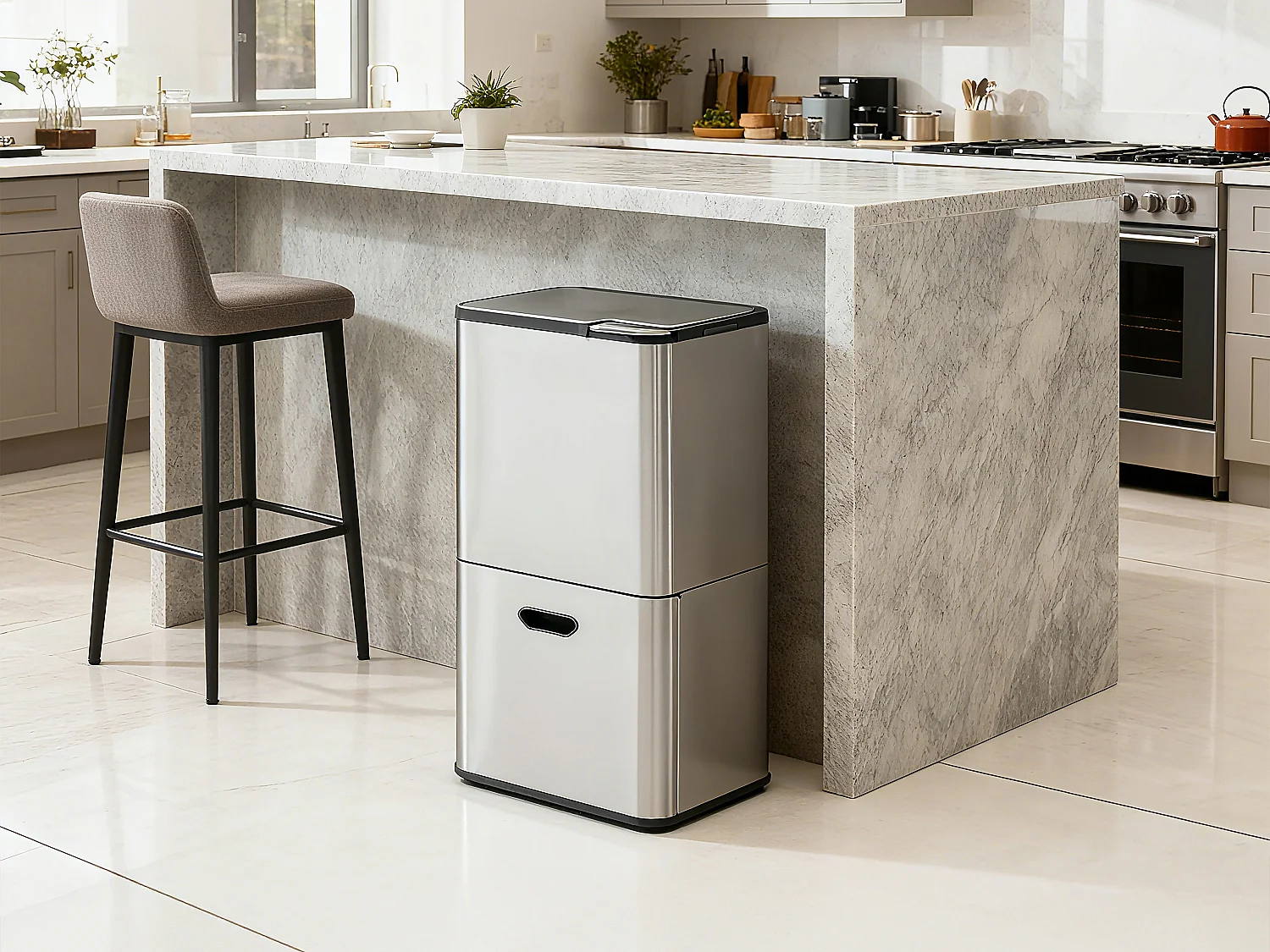 Poubelle de tri sélectif anti traces 63L en inox - 3 bacs - ZAMILO