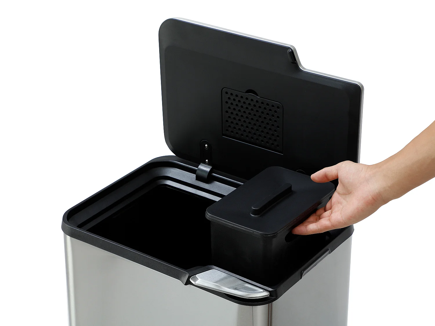 Poubelle de tri sélectif anti traces 63L en inox - 3 bacs - ZAMILO