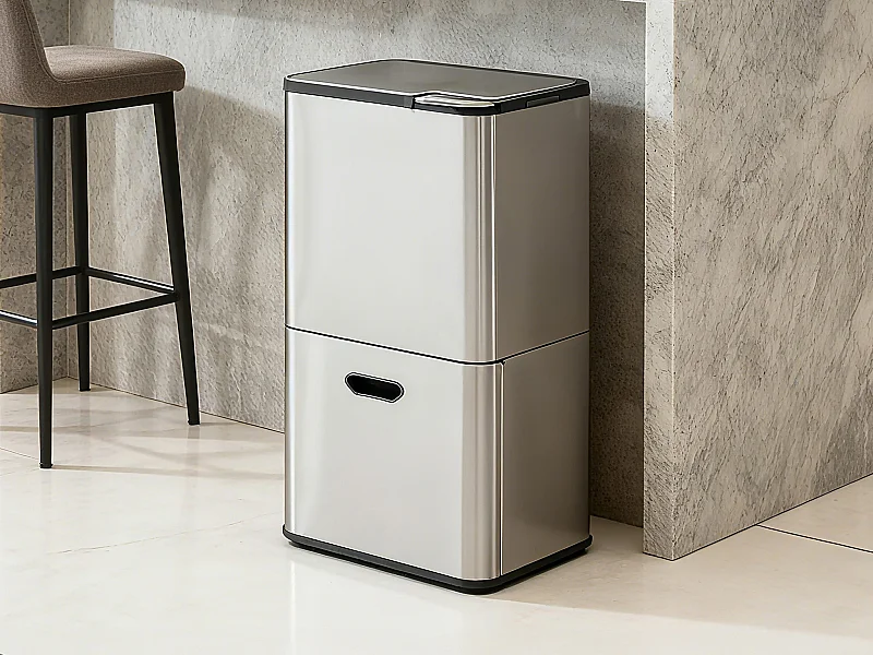 Poubelle de tri sélectif anti traces 63L en inox - 3 bacs - ZAMILO