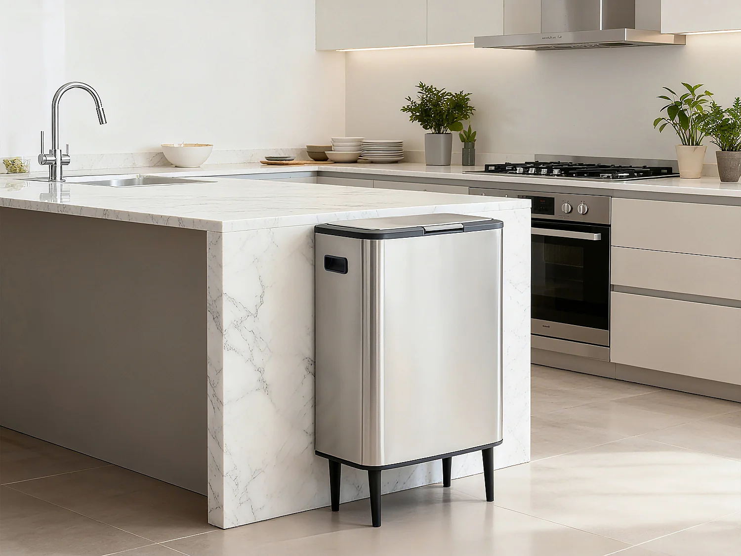 Poubelle de tri anti traces sur pieds - 60L + 5L - Inox - 2 bacs - DRAVIK