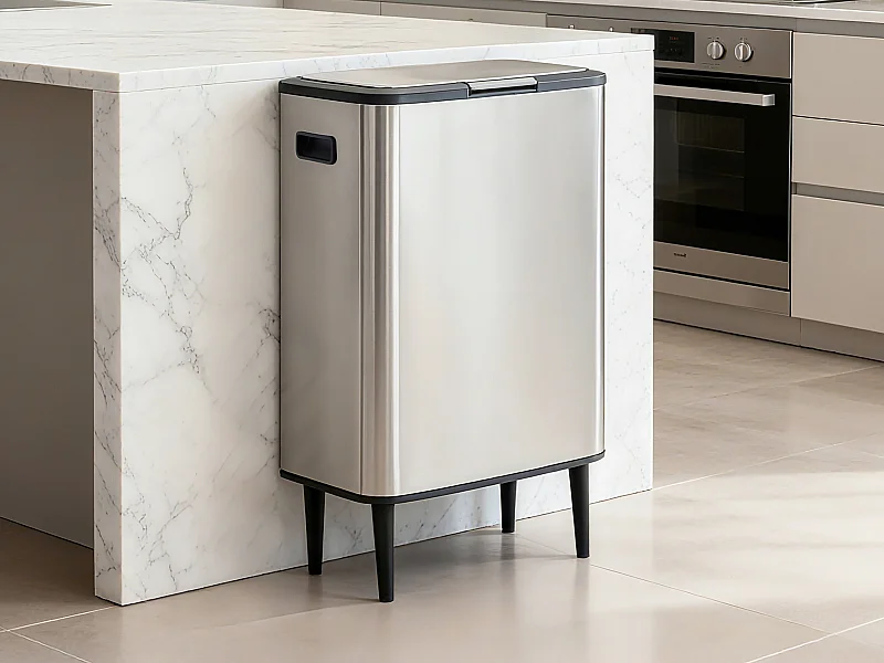 Poubelle de tri anti traces sur pieds - 60L + 5L - Inox - 2 bacs - DRAVIK