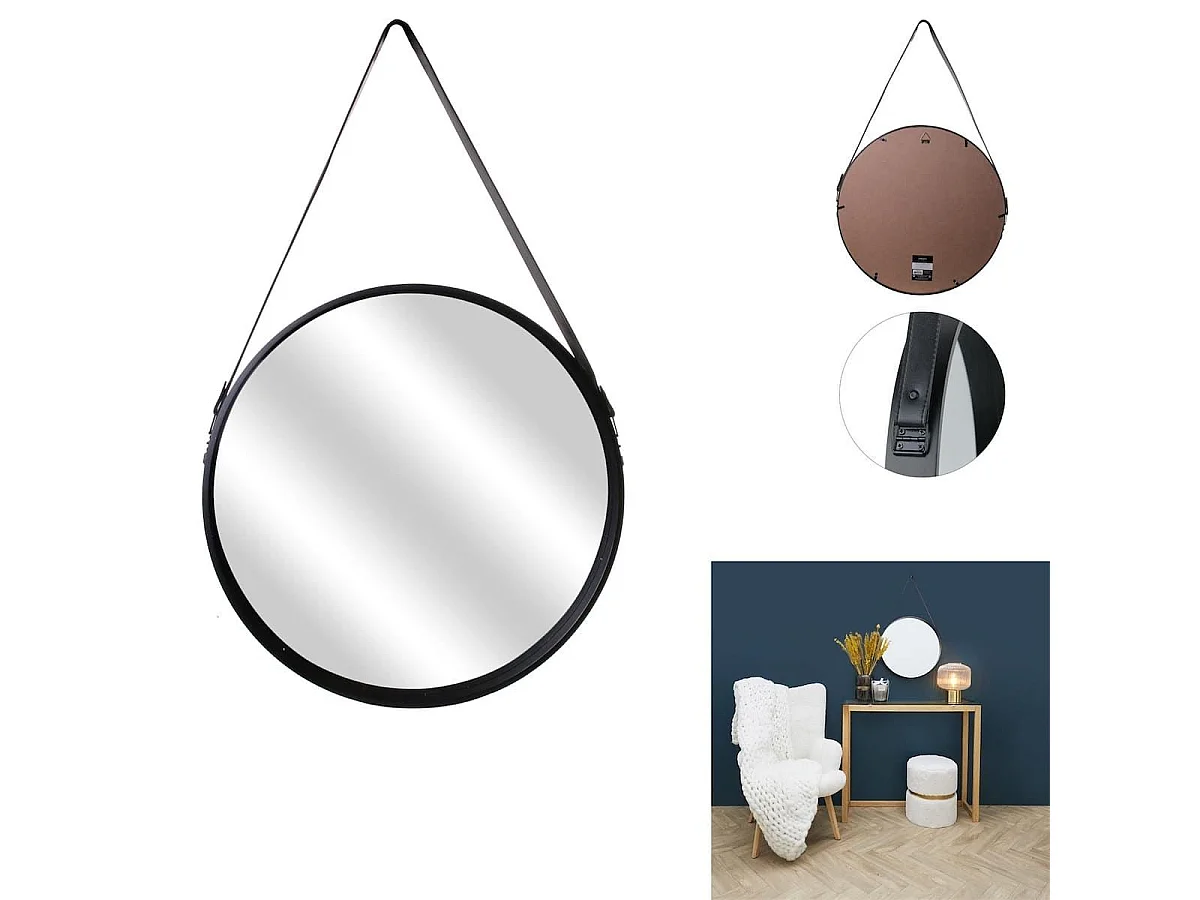 Miroir Rond avec Anse PU Noir Ø50 cm - ABRAM