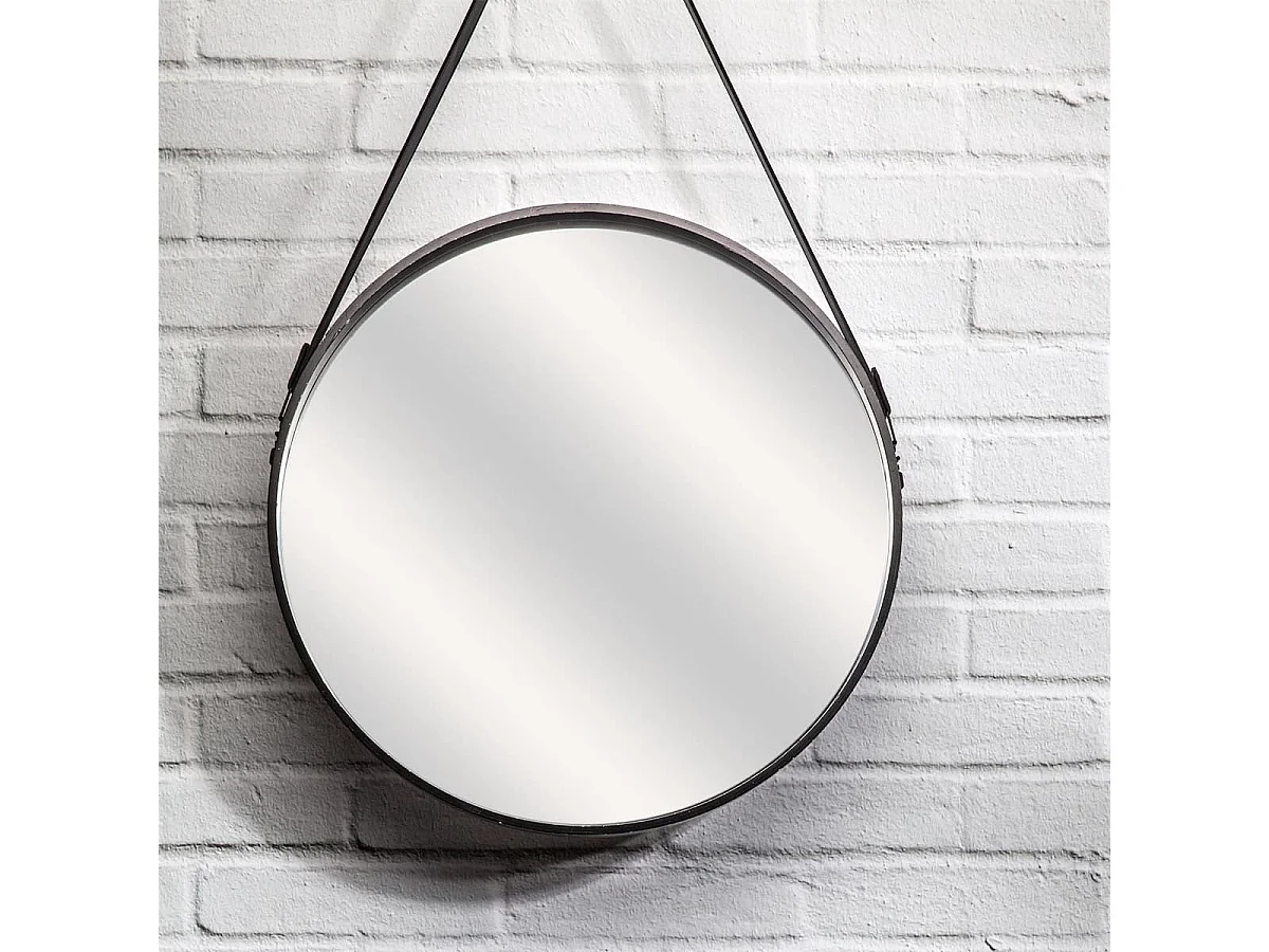 Miroir Rond avec Anse PU Noir Ø50 cm - ABRAM