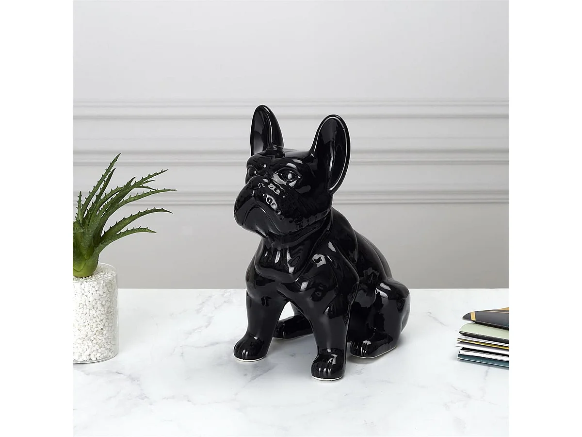 Statue Bulldog en Céramique Noir Brillant H20cm - STOKY