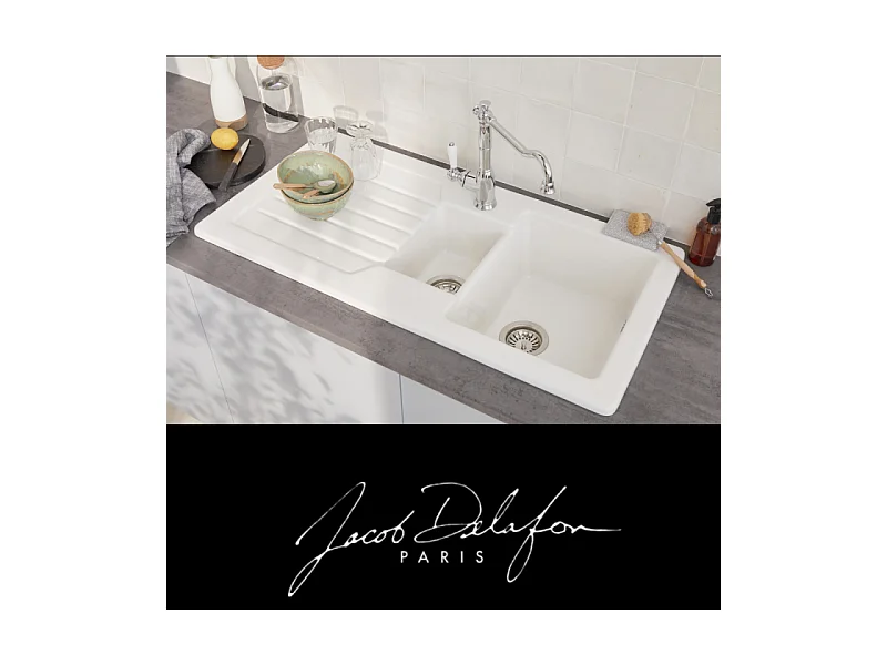 Evier à encastrer 1 bac et demi JACOB DELAFON Gaspard avec système de vidage