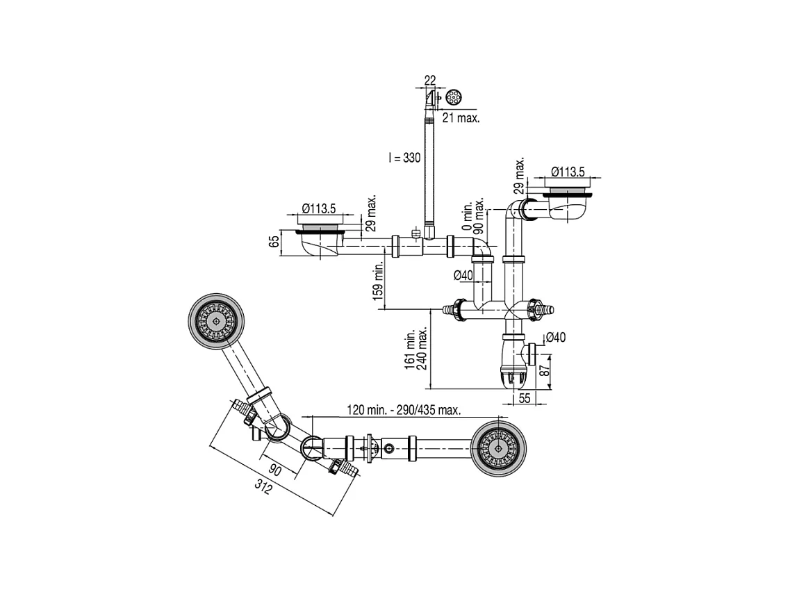 Evier à encastrer 1 bac et demi JACOB DELAFON Gaspard avec système de vidage