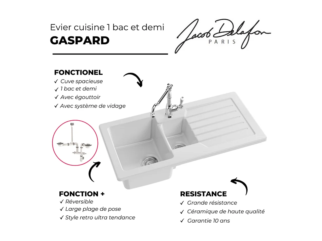 Evier à encastrer 1 bac et demi JACOB DELAFON Gaspard avec système de vidage