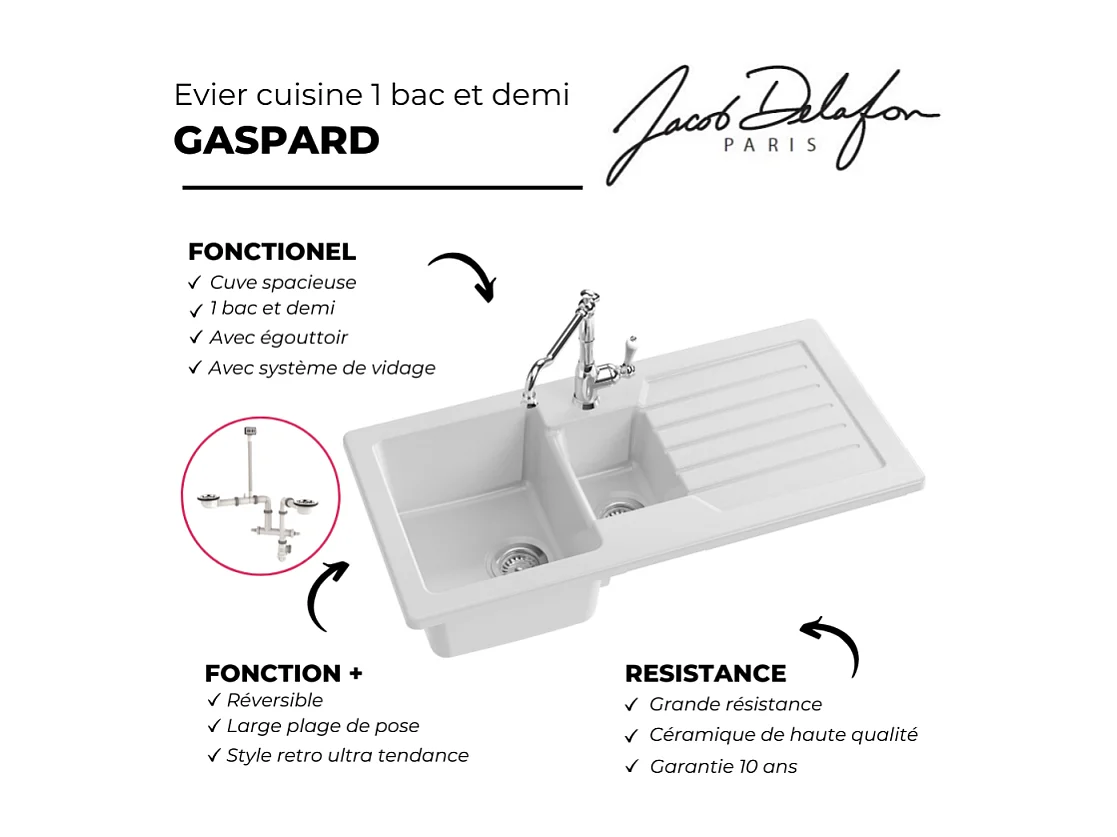 Evier à encastrer 1 bac et demi JACOB DELAFON Gaspard avec système de vidage