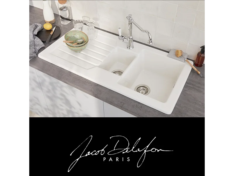 Evier à encastrer 1 bac et demi JACOB DELAFON Gaspard avec système de vidage