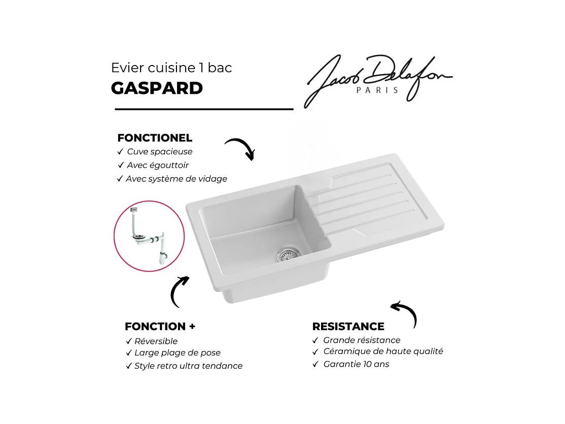 Evier à encastrer 1 bac JACOB DELAFON Gaspard avec système de vidage