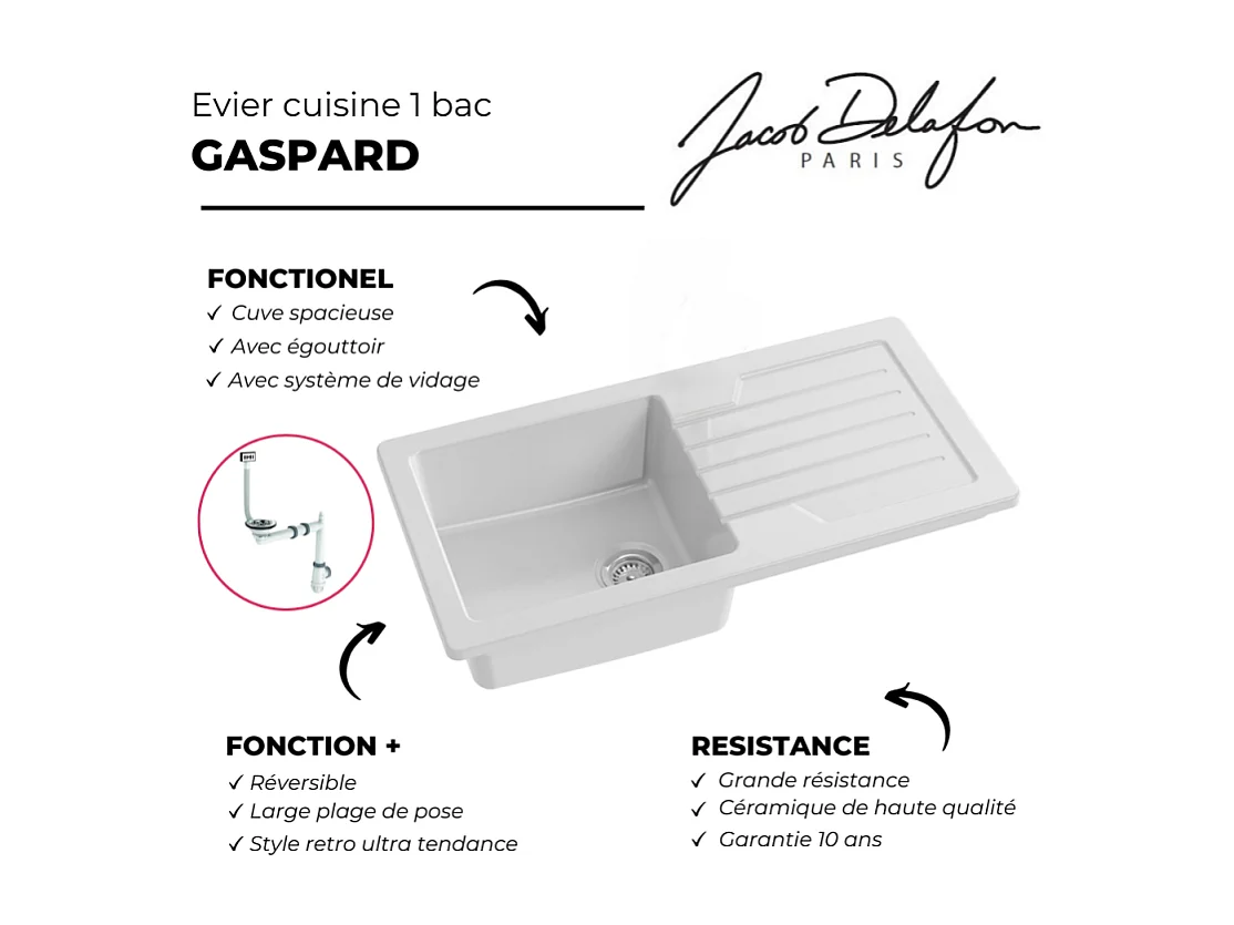 Evier à encastrer 1 bac JACOB DELAFON Gaspard avec système de vidage