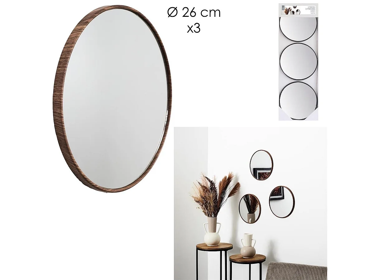 Enssemble de 3 Miroir Ø26 cm Imitation Bois - RONIX