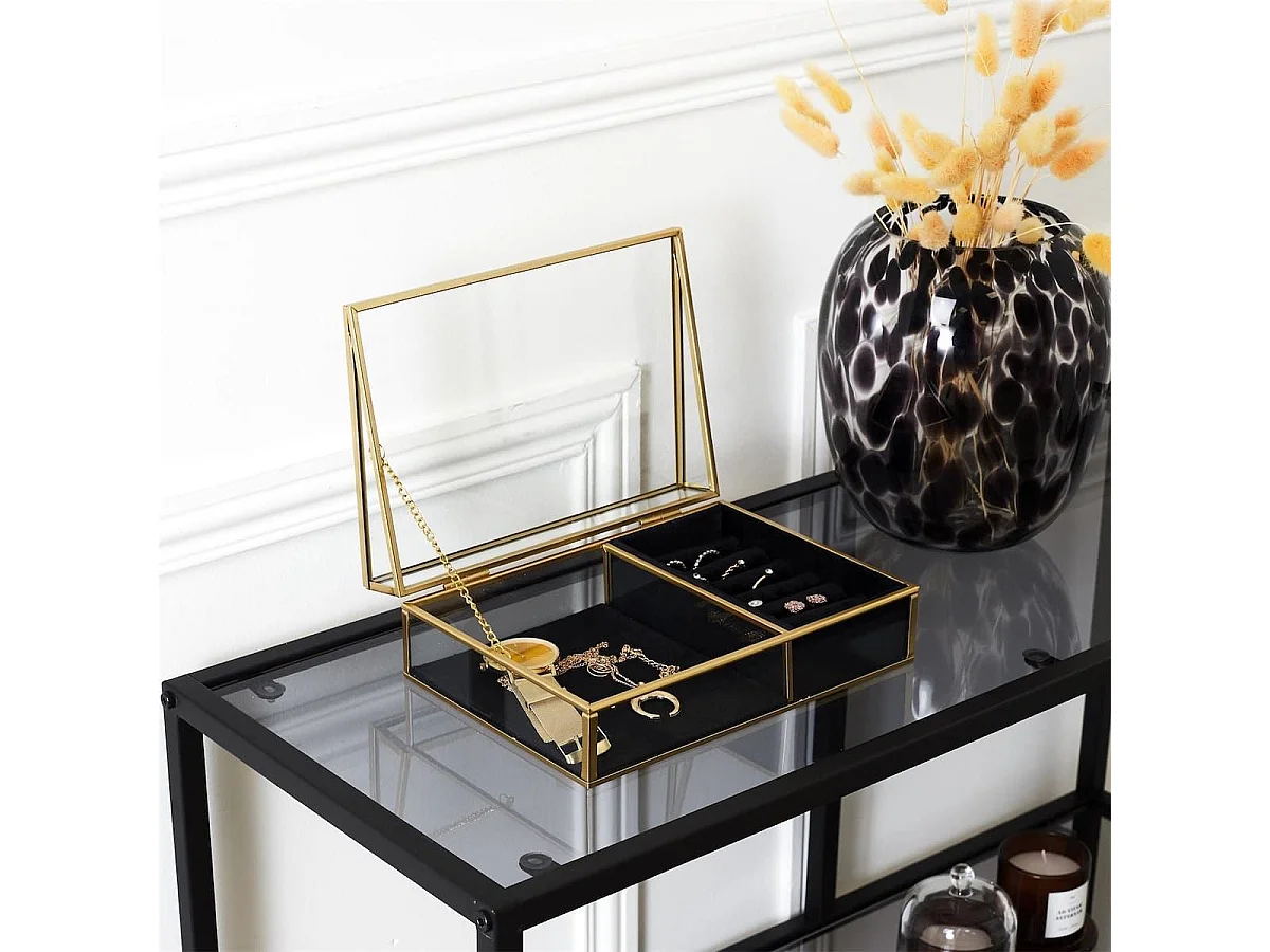 Boîte à Bijoux en Verre Métal Doré et Velours Noir - GLEE