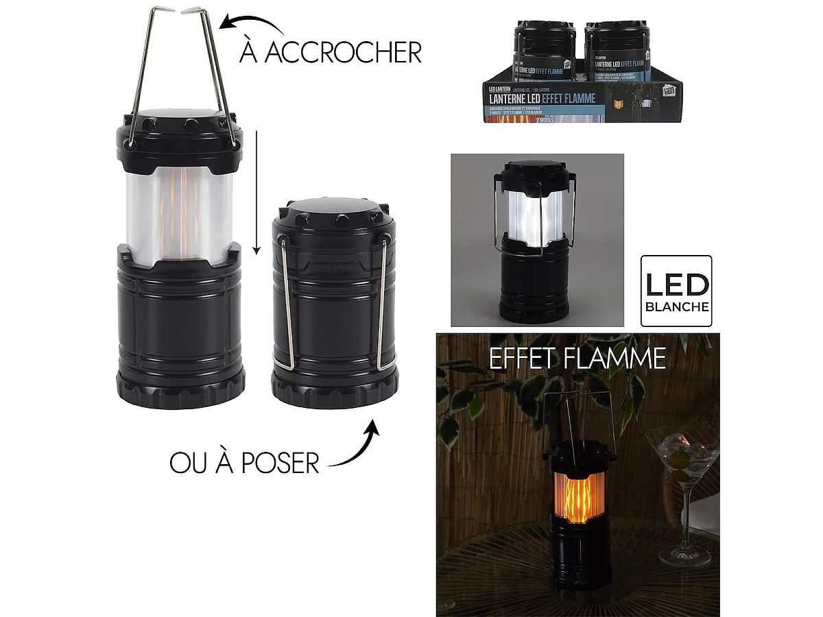 Lanterne à pile en plastique à effet flamme et LED blanche à suspendre ou à poser - FLAMORA
