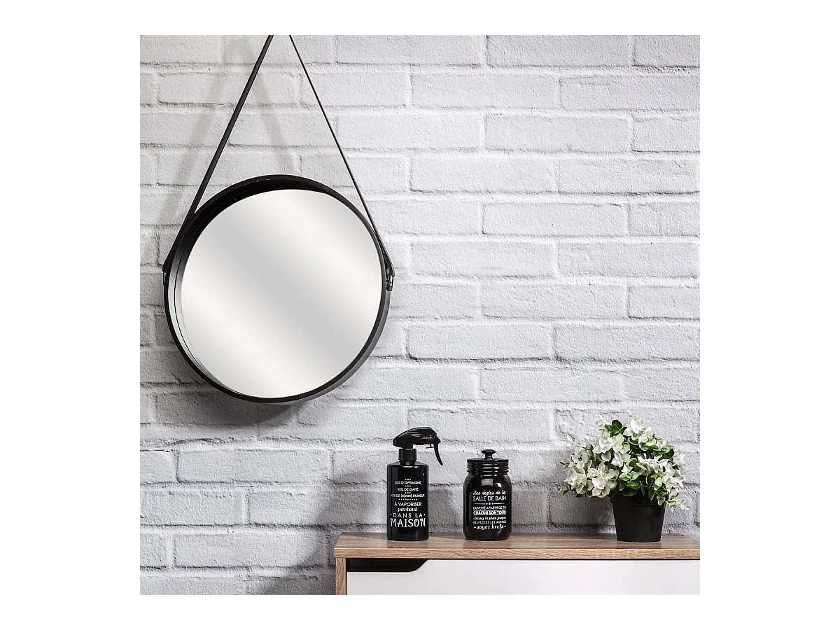Miroir Rond avec Anse PU Noir Ø40 cm - ABRAM