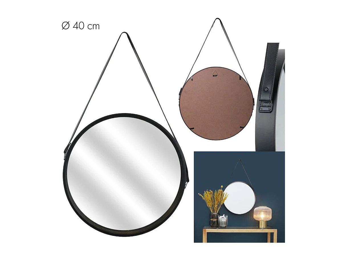 Miroir Rond avec Anse PU Noir Ø40 cm - ABRAM
