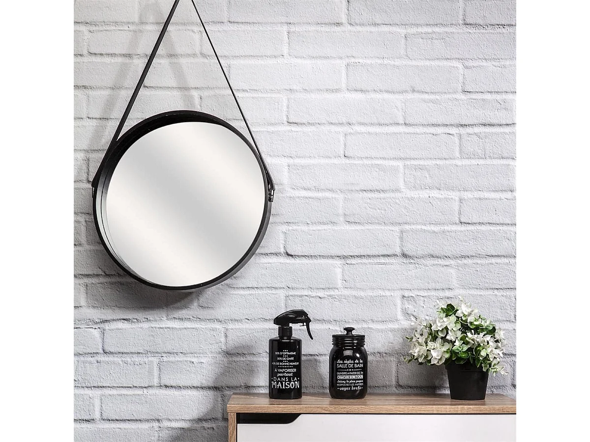 Miroir Rond avec Anse PU Noir Ø40 cm - ABRAM