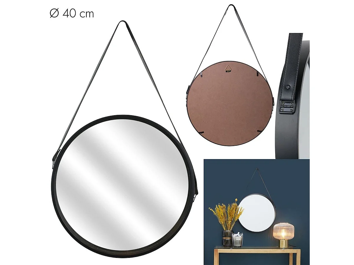 Miroir Rond avec Anse PU Noir Ø40 cm - ABRAM