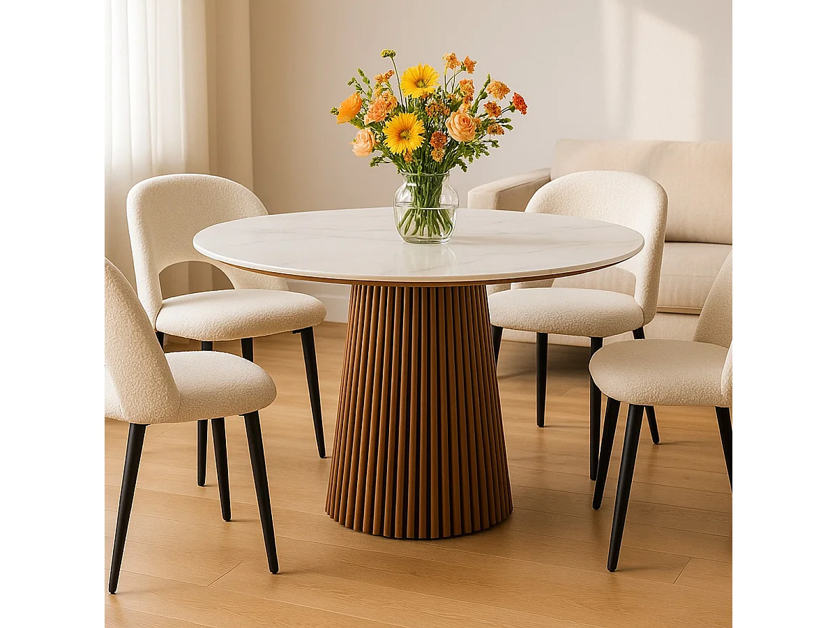 Table à manger ronde plateau en céramique effet marbre et bois foncé 6 personnes Ø120 cm - Ada