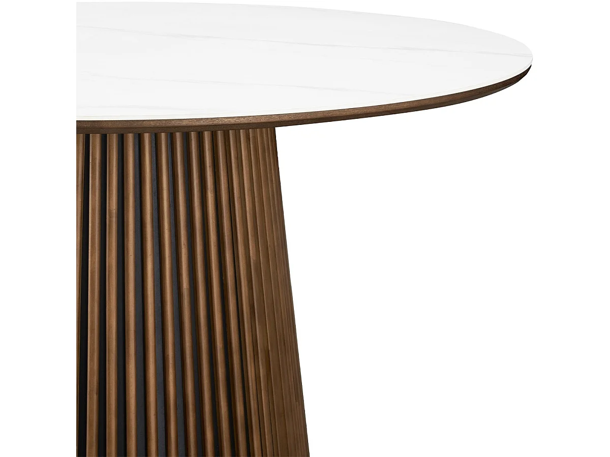 Table à manger ronde plateau en céramique effet marbre et bois foncé 6 personnes Ø120 cm - Ada