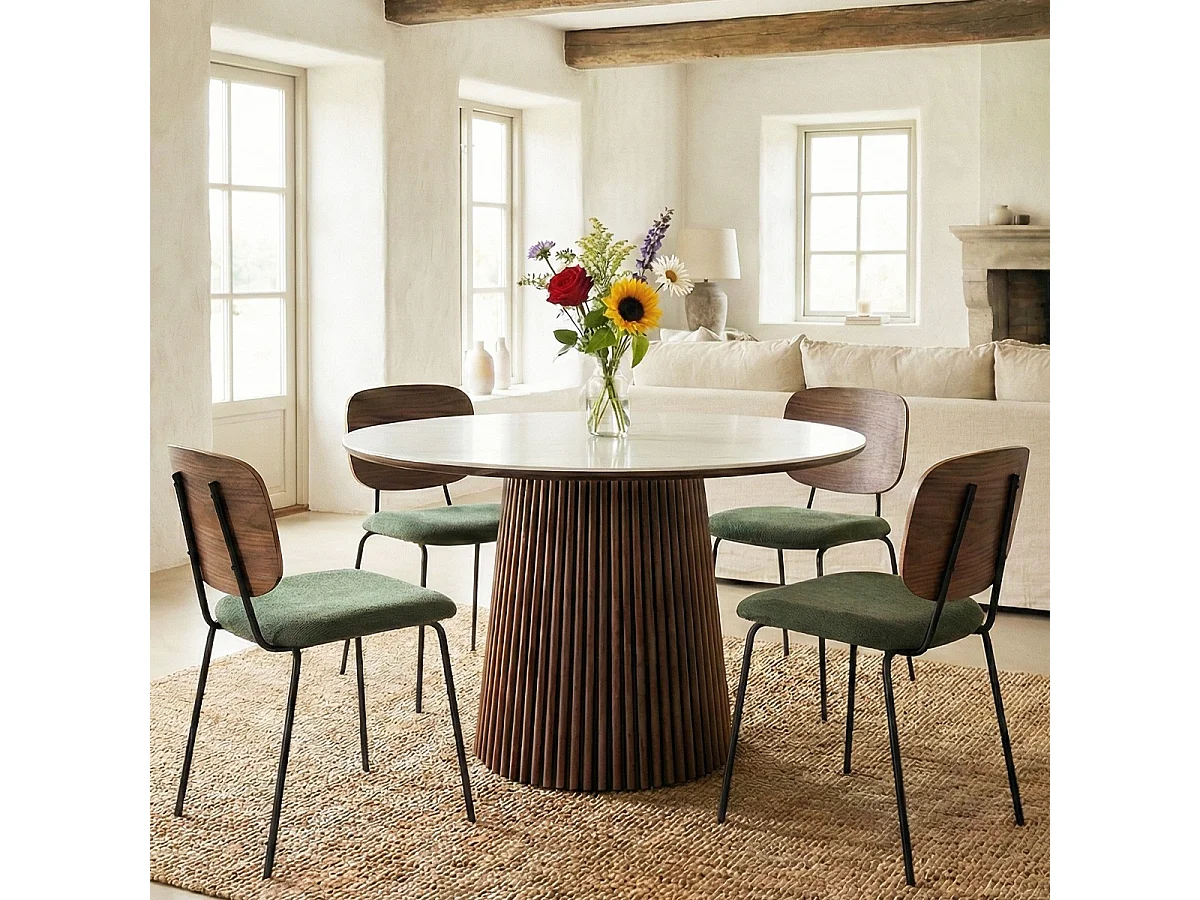 Table à manger ronde plateau en céramique effet marbre et bois foncé 6 personnes Ø120 cm - Ada