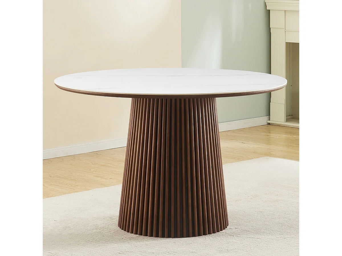 Table à manger ronde plateau en céramique effet marbre et bois foncé 6 personnes Ø120 cm - Ada