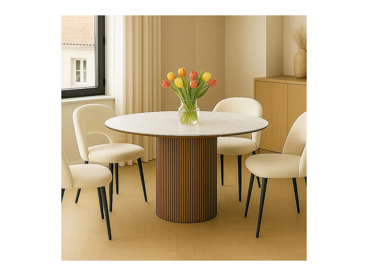 Table à manger ronde plateau en céramique effet marbre et noyer 6 personnes Ø120 cm - Mira