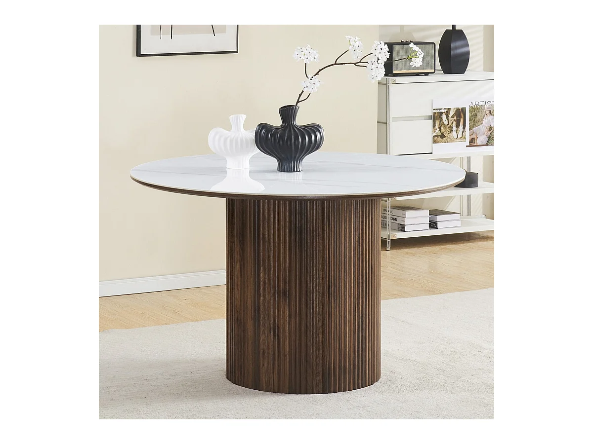 Table à manger ronde plateau en céramique effet marbre et noyer 6 personnes Ø120 cm - Mira
