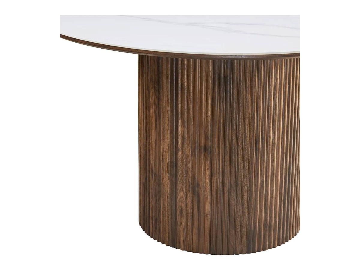 Table à manger ronde plateau en céramique effet marbre et noyer 6 personnes Ø120 cm - Mira