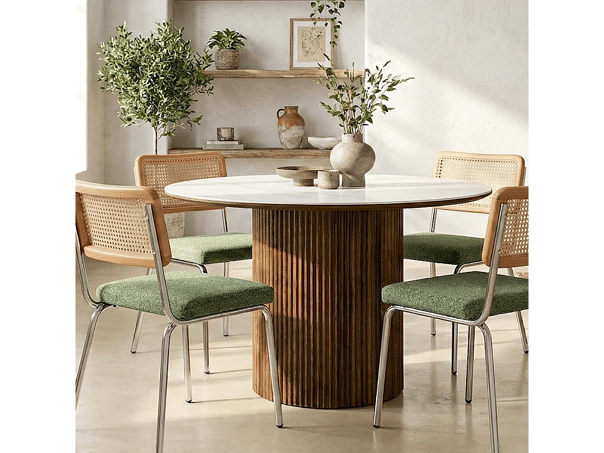 Table à manger ronde plateau en céramique effet marbre et noyer 6 personnes Ø120 cm - Mira