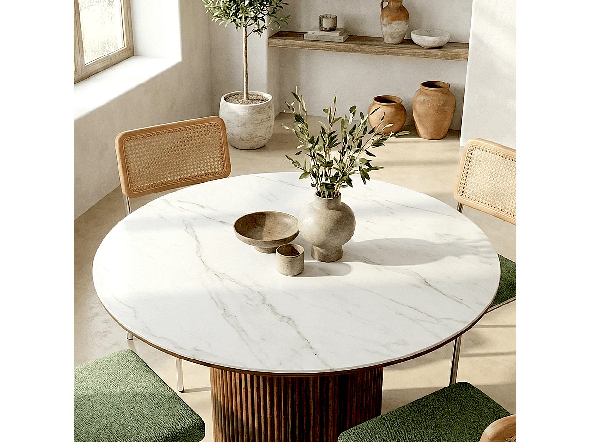 Table à manger ronde plateau en céramique effet marbre et noyer 6 personnes Ø120 cm - Mira