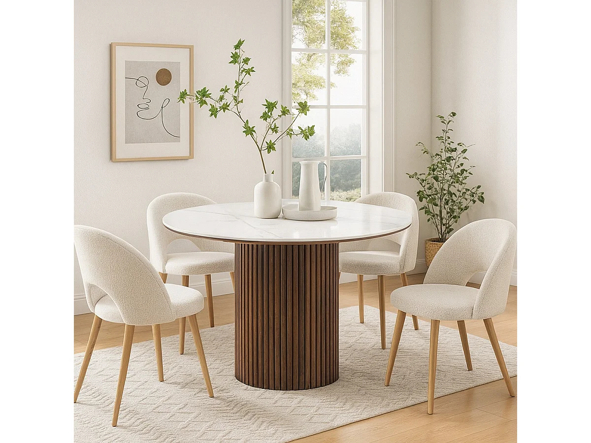 Table à manger ronde plateau en céramique effet marbre et noyer 6 personnes Ø120 cm - Mira