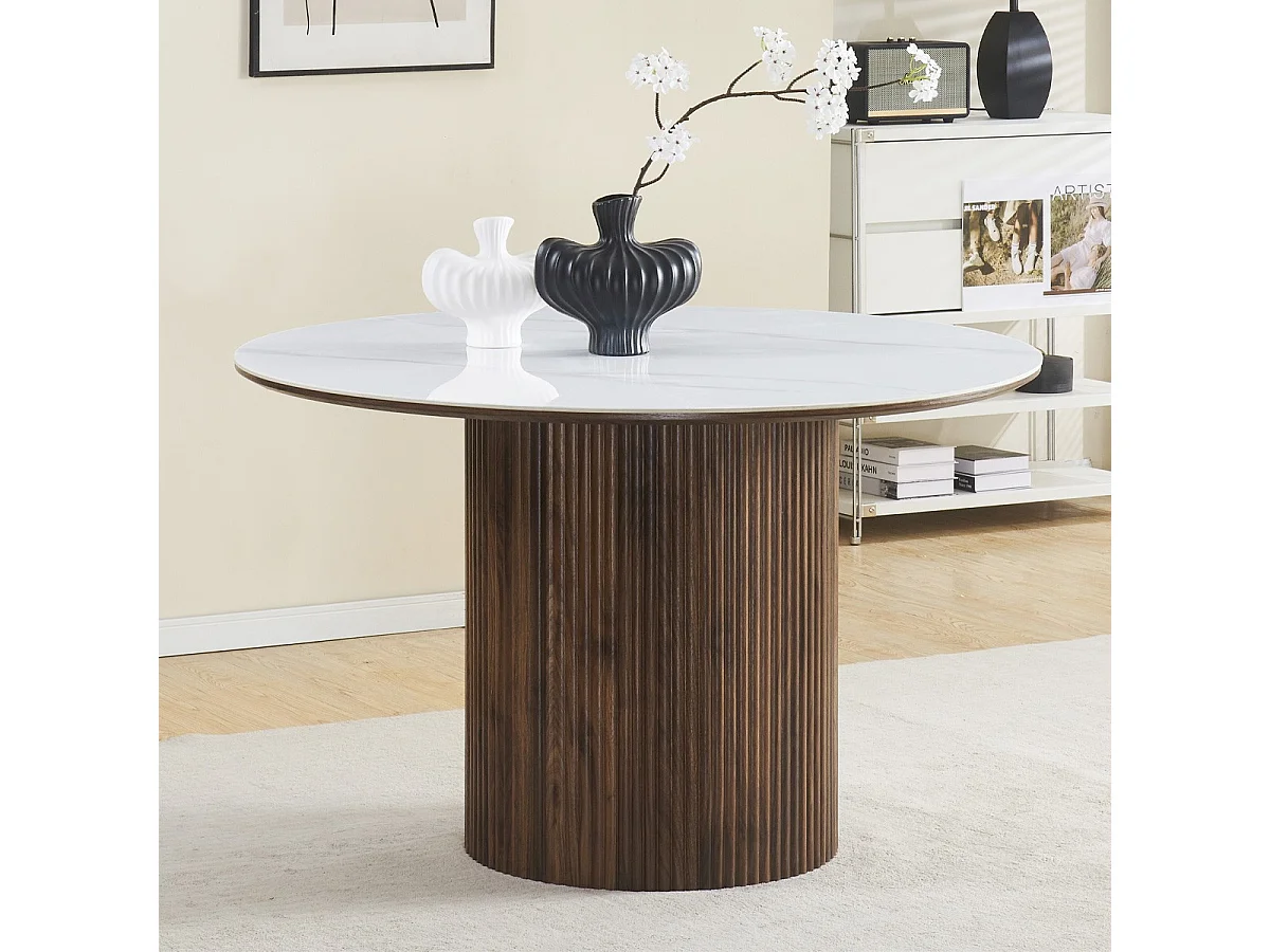 Table à manger ronde plateau en céramique effet marbre et noyer 6 personnes Ø120 cm - Mira