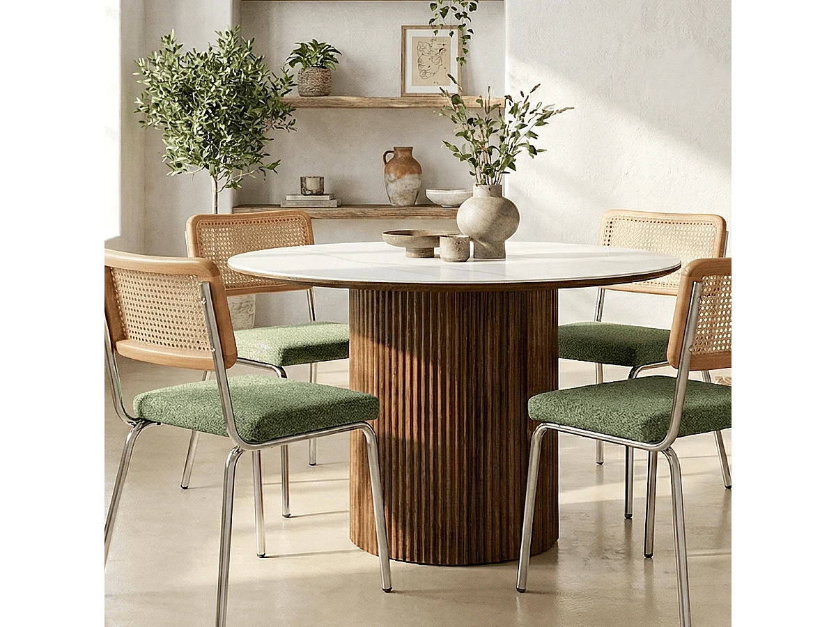 Table à manger ronde plateau en céramique effet marbre et noyer 6 personnes Ø120 cm - Mira