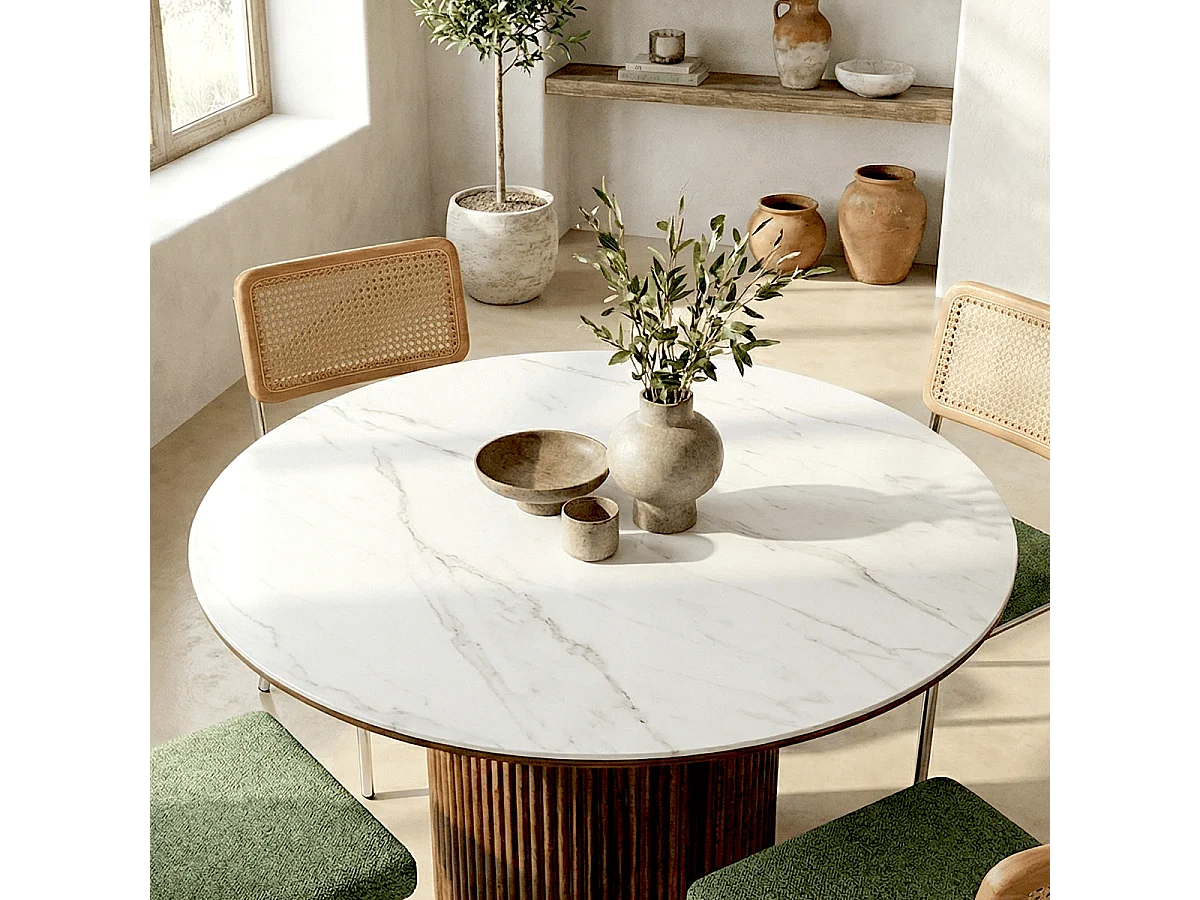 Table à manger ronde plateau en céramique effet marbre et noyer 6 personnes Ø120 cm - Mira