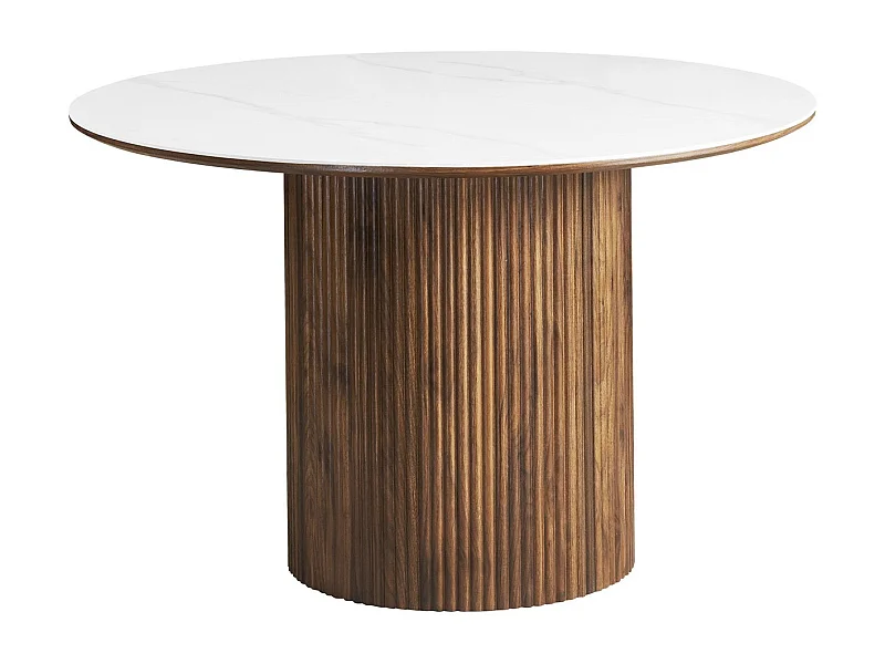 Table à manger ronde plateau en céramique effet marbre et noyer 6 personnes Ø120 cm - Mira