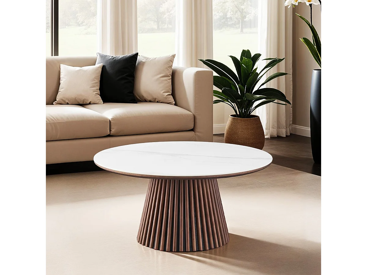 Table basse ronde plateau en céramique effet marbre et bois foncé Ø80 cm - Ada