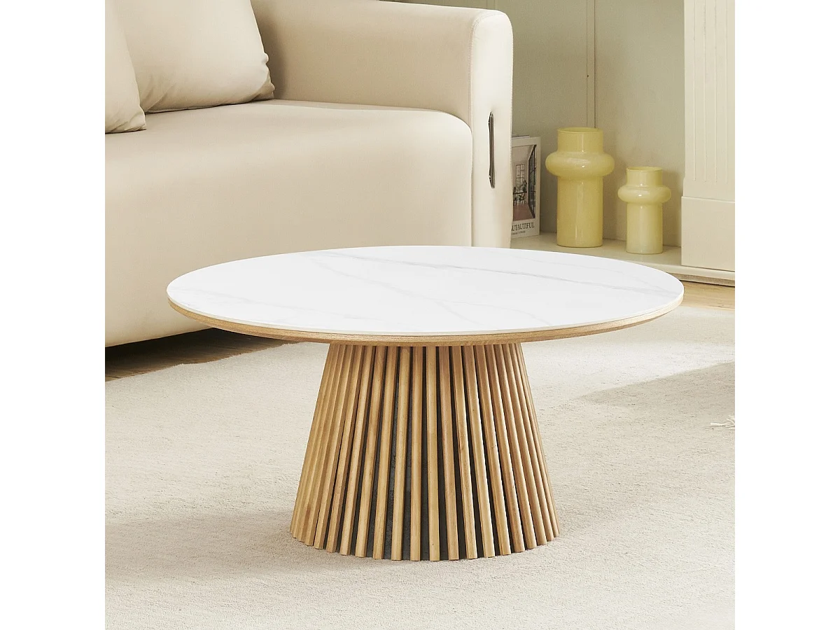 Table basse ronde plateau en céramique effet marbre et bois clair Ø80 cm - Ada