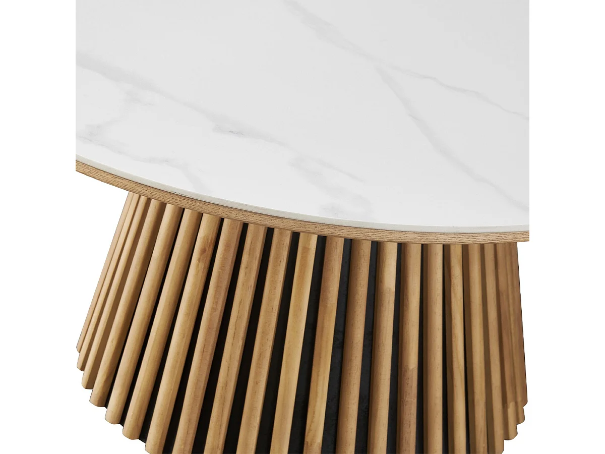 Table basse ronde plateau en céramique effet marbre et bois clair Ø80 cm - Ada