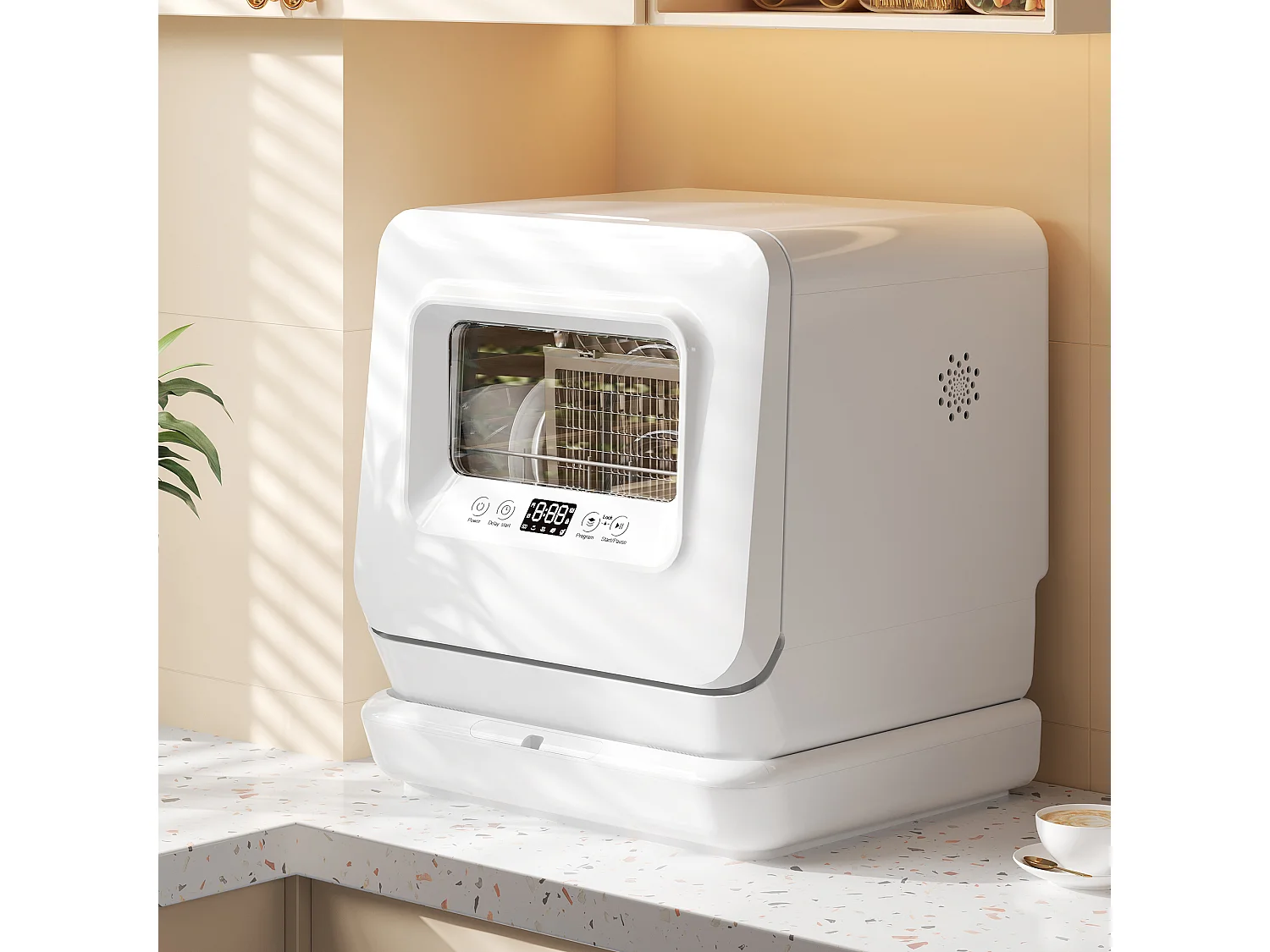 Mini Lave-Vaisselle Portable, 3 Services, 5 Programmes, Digital, Adoucisseur, Bras 360°, 5,7L Eau, 2 Méthodes Alimentation, Plastique, Blanc (45.4x41.3x49.1cm)