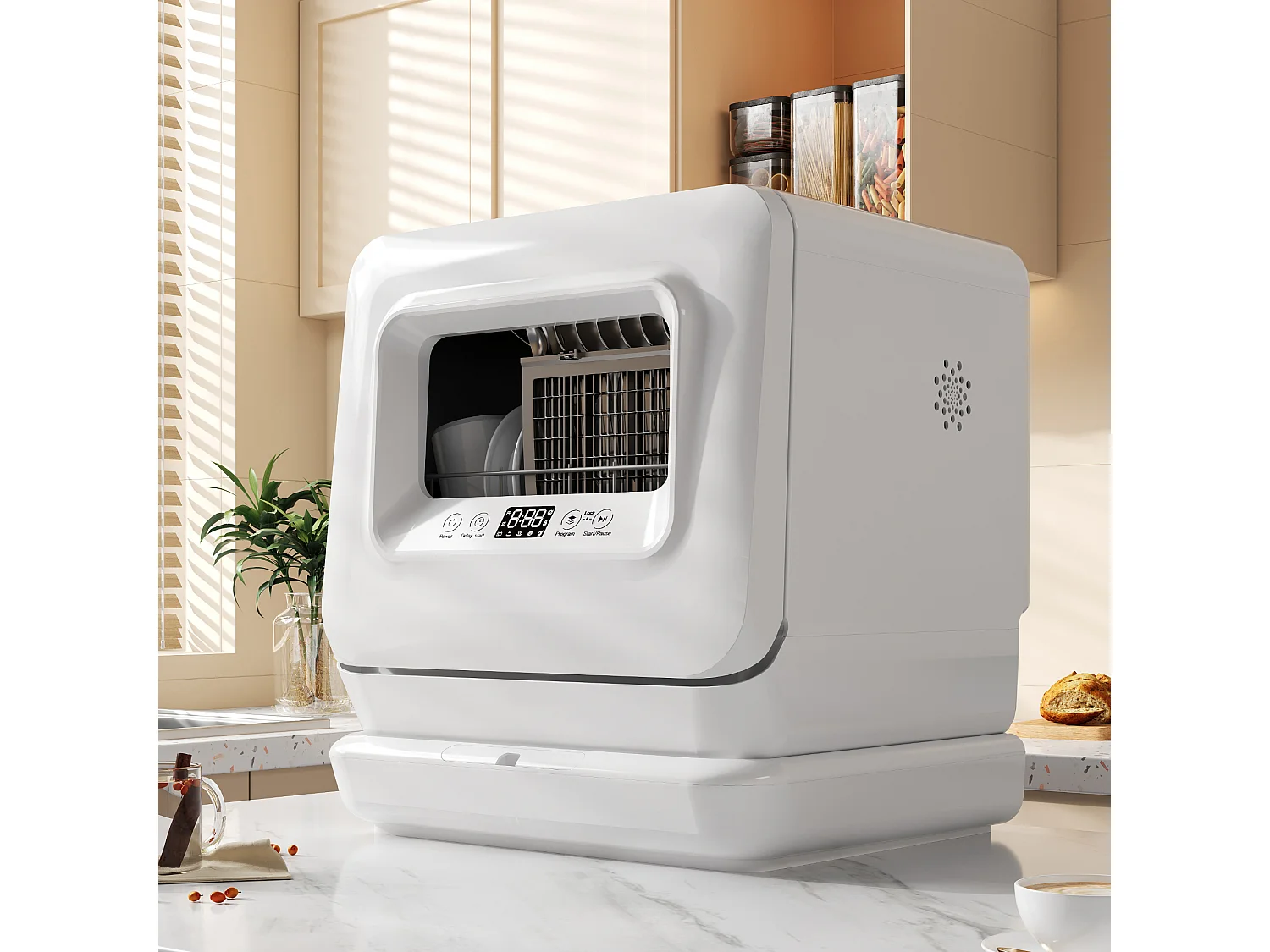 Mini Lave-Vaisselle Portable, 3 Services, 5 Programmes, Digital, Adoucisseur, Bras 360°, 5,7L Eau, 2 Méthodes Alimentation, Plastique, Blanc (45.4x41.3x49.1cm)