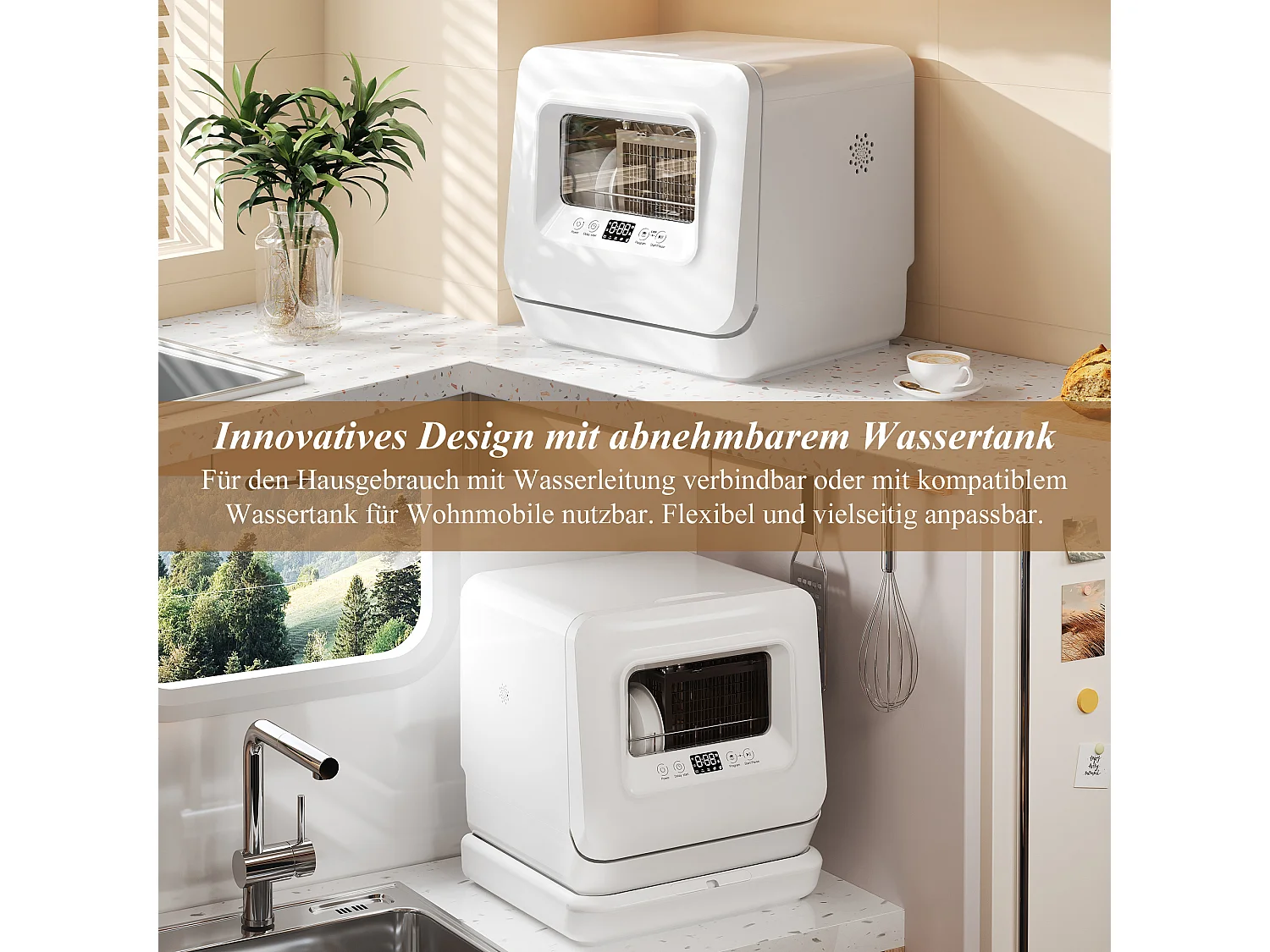 Mini Lave-Vaisselle Portable, 3 Services, 5 Programmes, Digital, Adoucisseur, Bras 360°, 5,7L Eau, 2 Méthodes Alimentation, Plastique, Blanc (45.4x41.3x49.1cm)