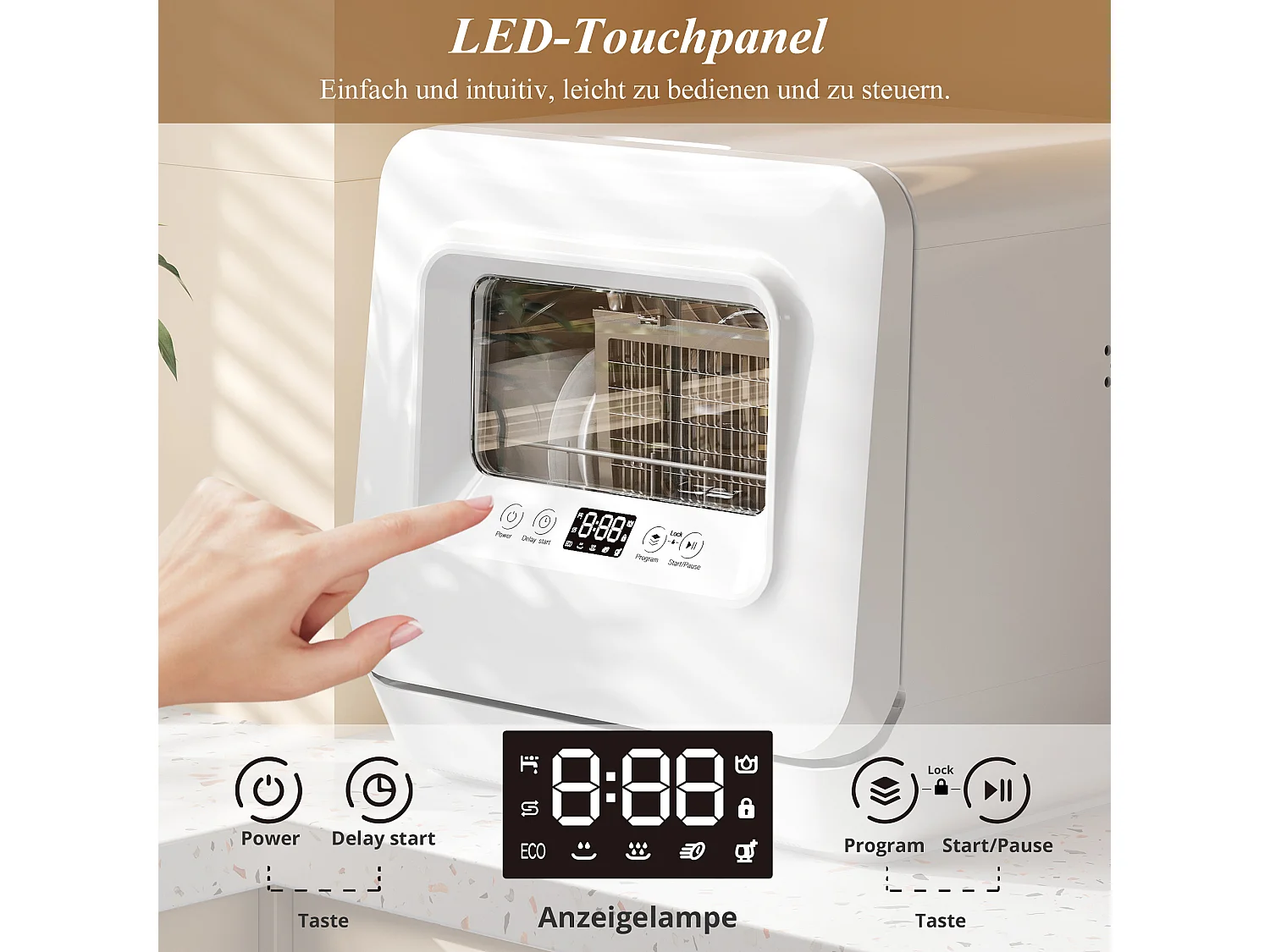 Mini Lave-Vaisselle Portable, 3 Services, 5 Programmes, Digital, Adoucisseur, Bras 360°, 5,7L Eau, 2 Méthodes Alimentation, Plastique, Blanc (45.4x41.3x49.1cm)