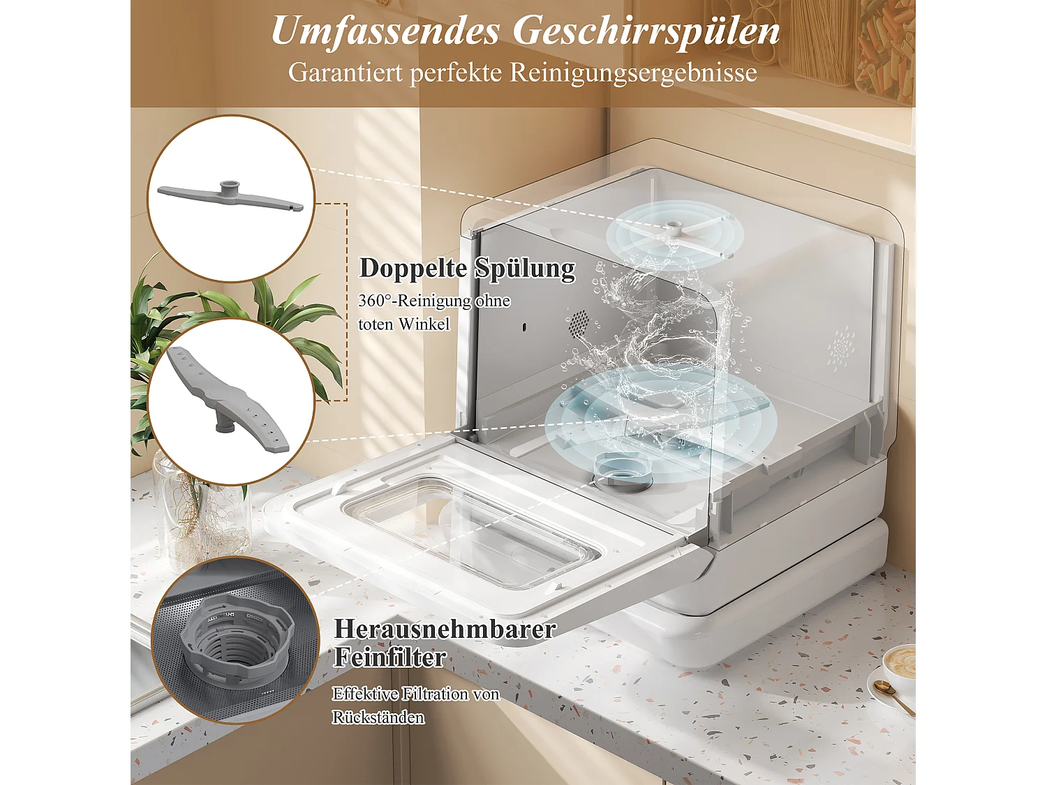 Mini Lave-Vaisselle Portable, 3 Services, 5 Programmes, Digital, Adoucisseur, Bras 360°, 5,7L Eau, 2 Méthodes Alimentation, Plastique, Blanc (45.4x41.3x49.1cm)
