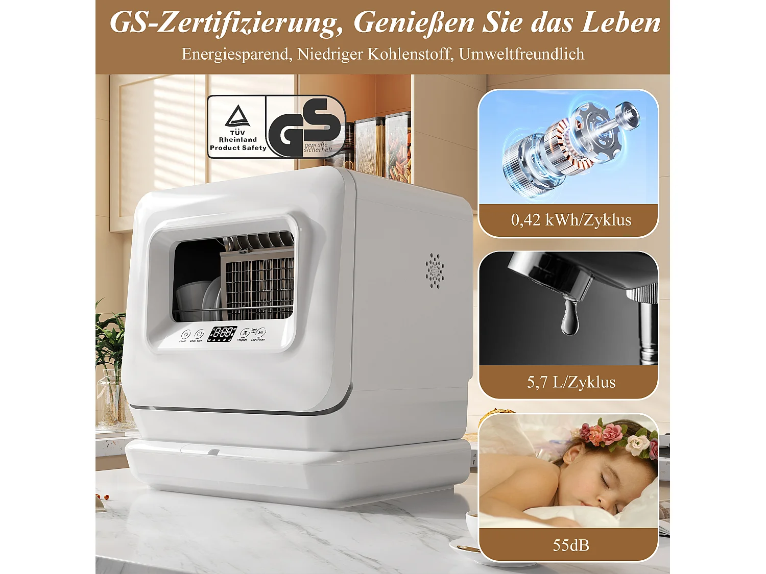 Mini Lave-Vaisselle Portable, 3 Services, 5 Programmes, Digital, Adoucisseur, Bras 360°, 5,7L Eau, 2 Méthodes Alimentation, Plastique, Blanc (45.4x41.3x49.1cm)