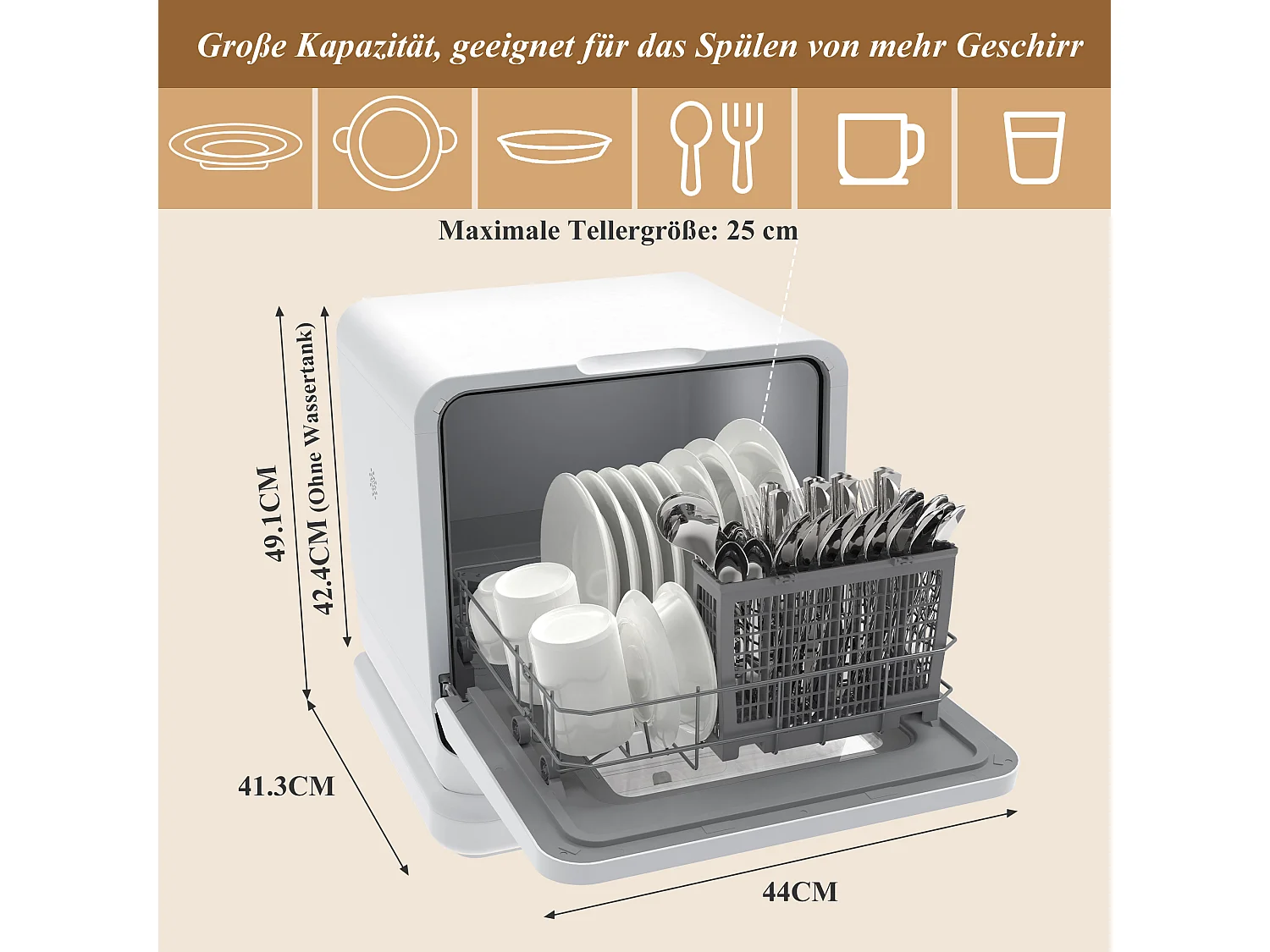 Mini Lave-Vaisselle Portable, 3 Services, 5 Programmes, Digital, Adoucisseur, Bras 360°, 5,7L Eau, 2 Méthodes Alimentation, Plastique, Blanc (45.4x41.3x49.1cm)
