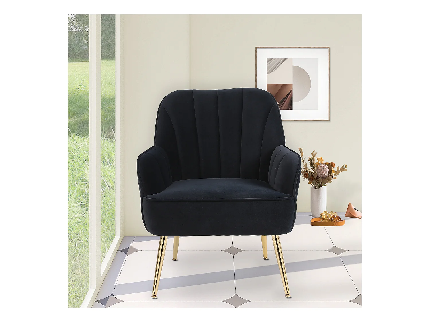 Fauteuil relax, velours, noir, adapté à toutes les situations, 72,8 x 64 x 77,9 cm.