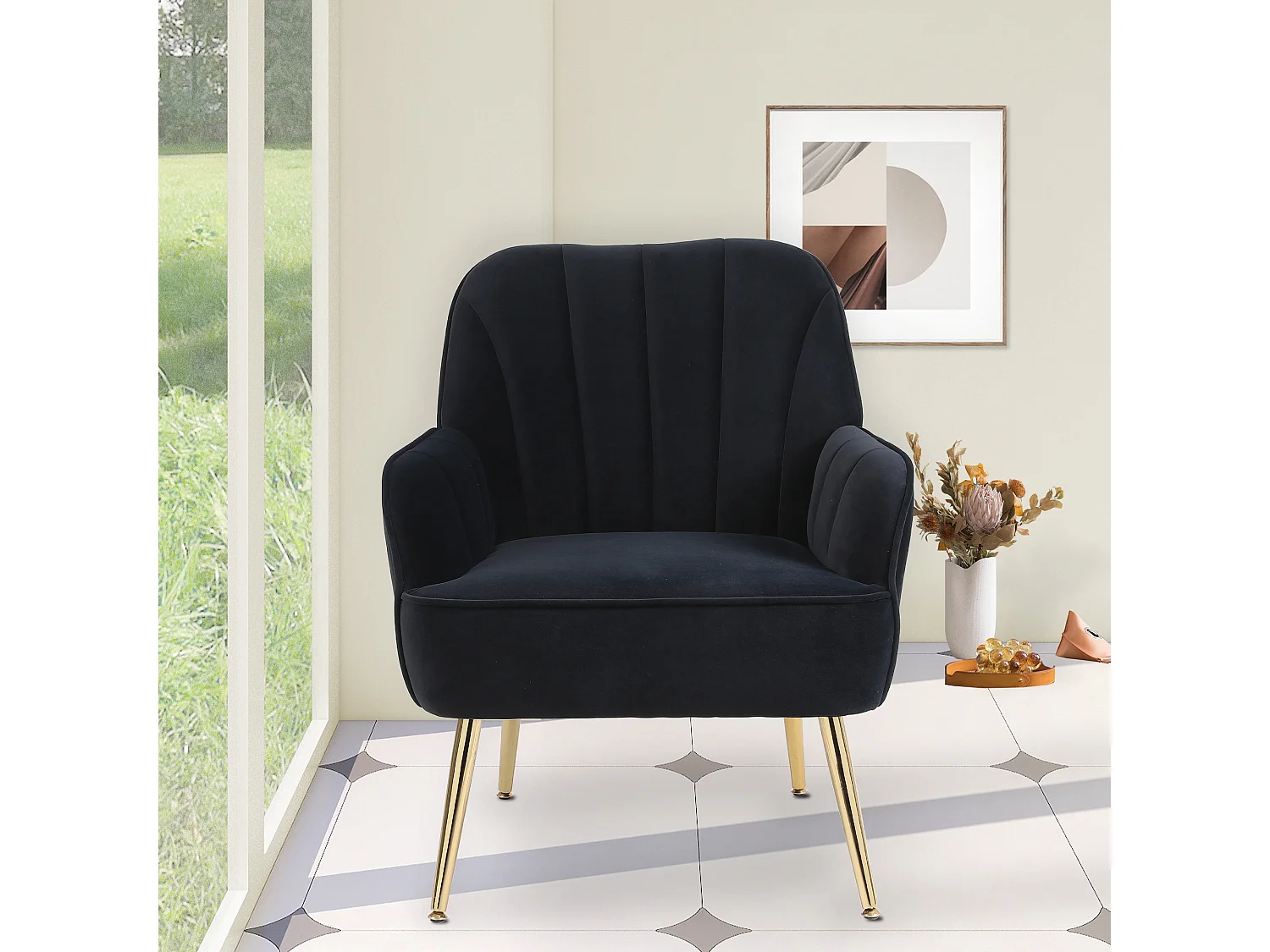 Fauteuil relax, velours, noir, adapté à toutes les situations, 72,8 x 64 x 77,9 cm.