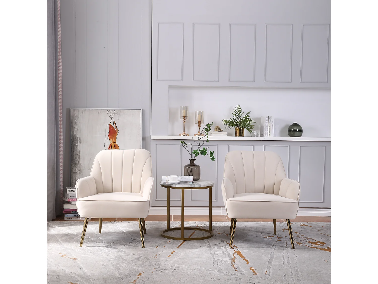 Fauteuil, velours, convient à toutes les occasions, couleur beige, lot de 2 pièces.