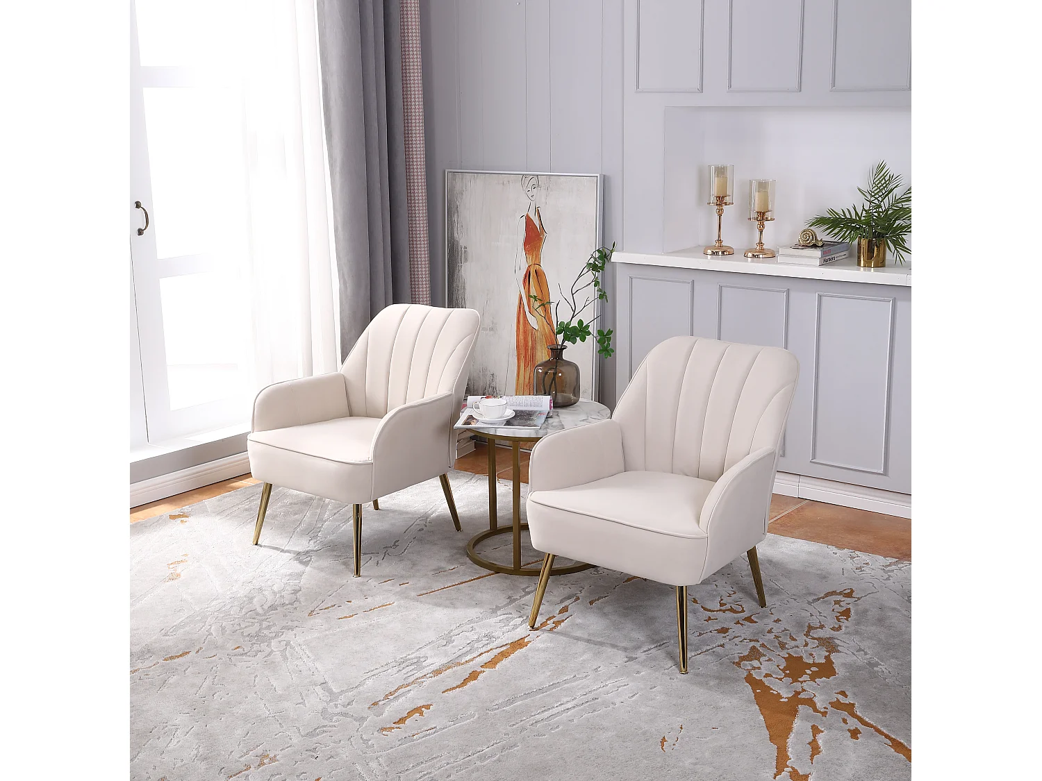 Fauteuil, velours, convient à toutes les occasions, couleur beige, lot de 2 pièces.